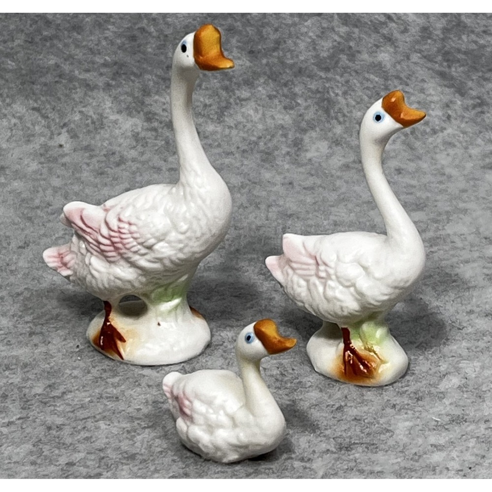 Vintage Porcelain Goose Family Figurine Set Decor Collectible Duck Trio Statues